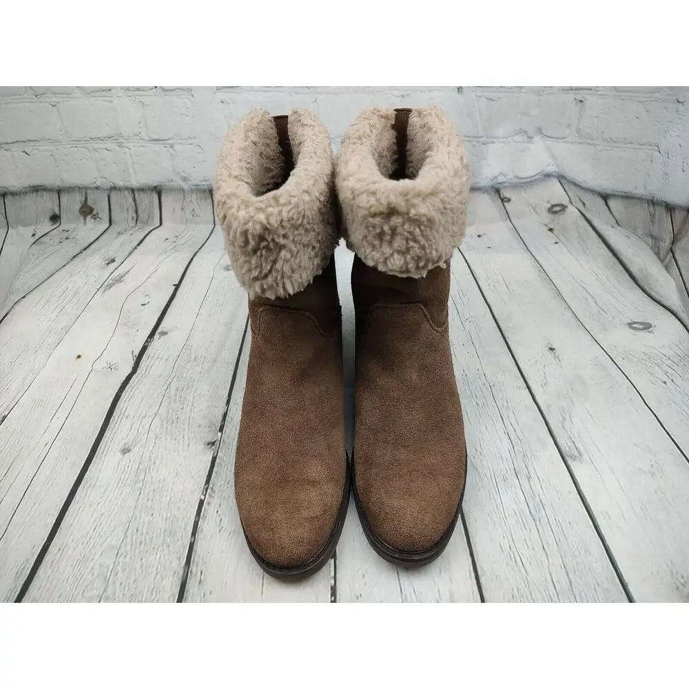 G.H. Bass Aria Womens 6.5M Brown‎ Suede Faux Shearling Fold Over Mid Calf Boots